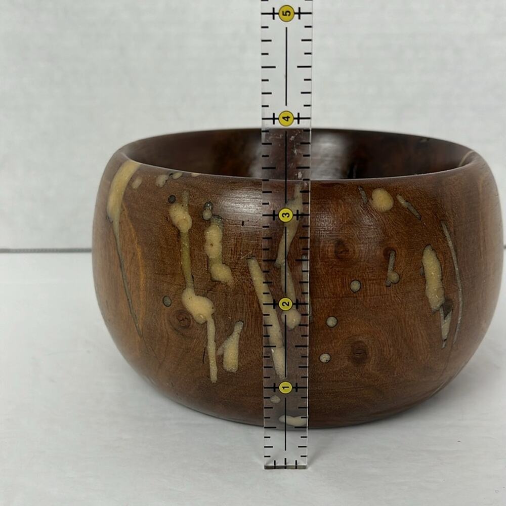 Unique Brown Wooden Bowl with Tan Inlay 6 x 3.5 Inches - Picture 7 of 8